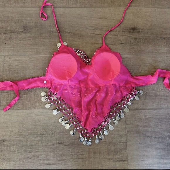 Hot Pink Belly Dance Halter Top & Skirt Gold Coin Accent Costume 24” Bust Junior - Picture 8 of 11